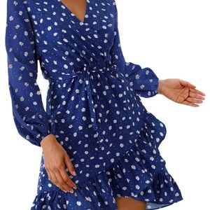 Blue with white daisy print, long sleeved, wrap dress!